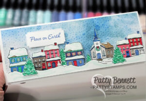 Slimline card featuring Stampin' UP! Yuletide Village stamp set colored with Stampin' Blends markers by Patty Bennett