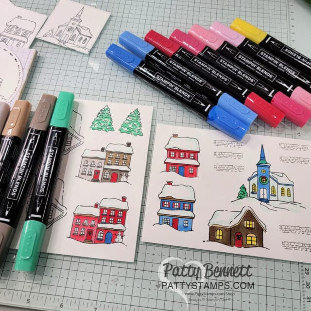 Stamp and fussy cut house images from the Stampin' UP! Yuletide Village stamp set colored with Stampin' Blends markers by Patty Bennett
