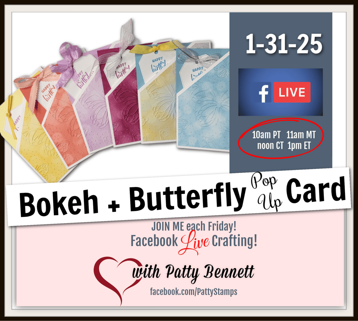 Beautiful Butterflies and Bokeh paper pop up card with embossed details. Live video with Patty Bennett