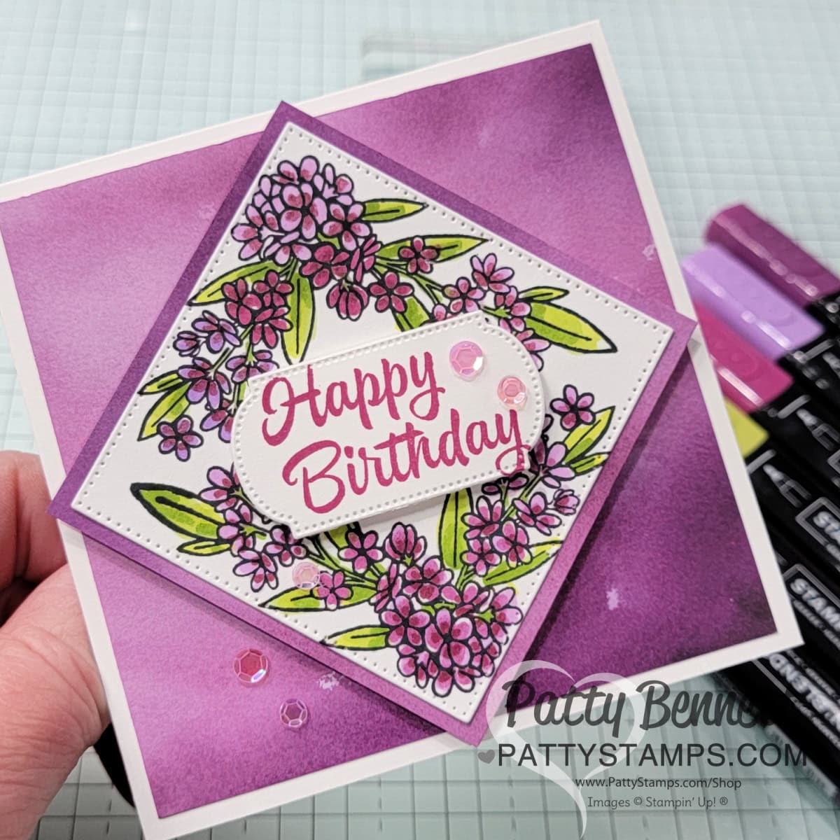 Square card version: 3 Ways to use the Corner in Bloom small corner floral stamp. Sale-a-Bration 2025 Bloom Impressions DSP from Stampin' Up! Cards by Patty Bennett