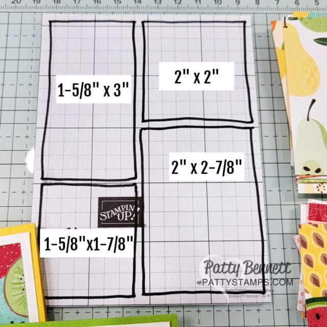 Dimensions for Stampin' UP! Sale-a-Bration Fruit Salad 6x6 paper pack card idea easy for mass production. by Patty Bennett