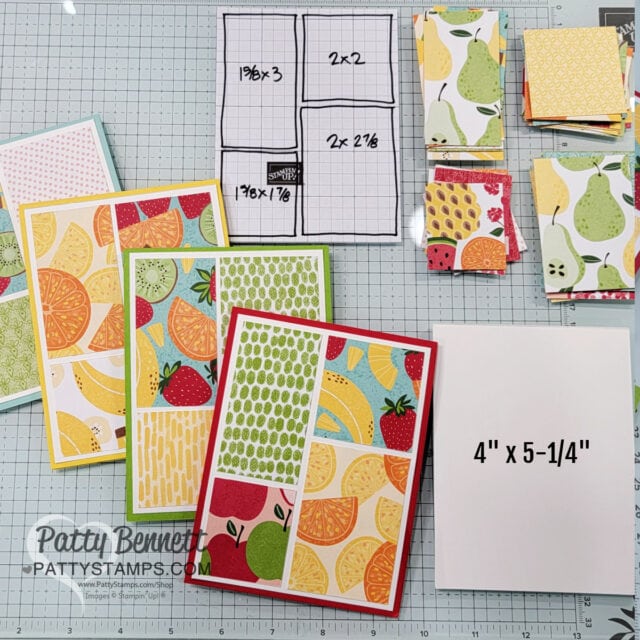 Dimensions for Stampin' UP! Sale-a-Bration Fruit Salad 6x6 paper pack card idea easy for mass production. by Patty Bennett