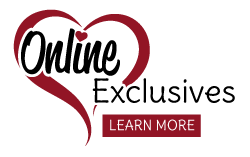 Text reads "Online Exclusives" with "Online" in black cursive—a signature touch—inside a maroon heart outline. "Exclusives" in black appears next to it. Below, a maroon "LEARN MORE" button links to shop. White background. To read more, visit Patty Stamps (pattystamps.com)