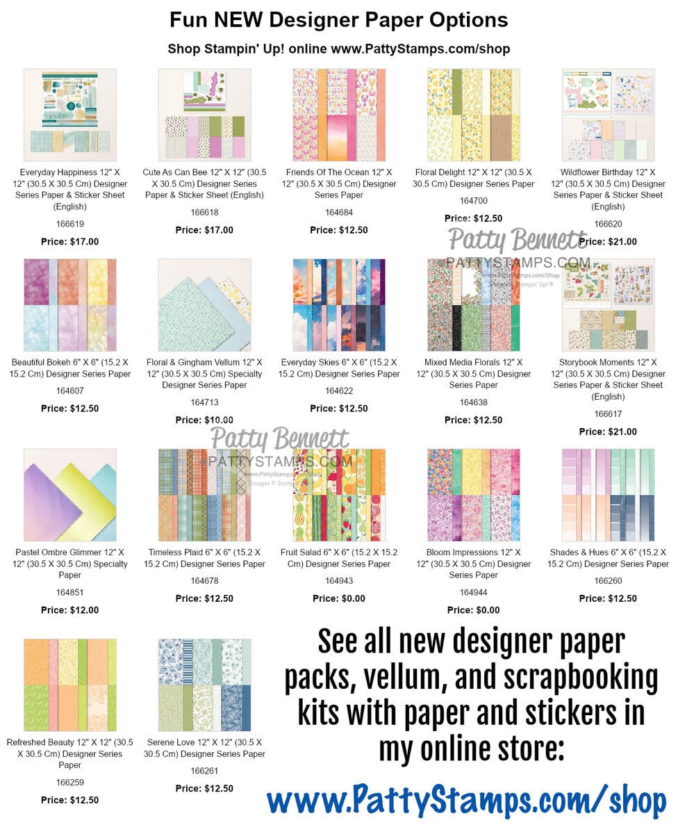 Stampin' Up! designer paper and scrapbook kits with stickers patterned paper options January 2025 www.PattyStamps.com/shop