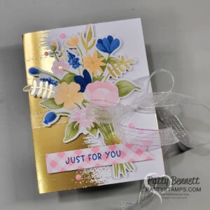 3x4 flip flaps on a special Wildflower Birthday card featuring Brushed Gold card bases, video by Patty Bennett
