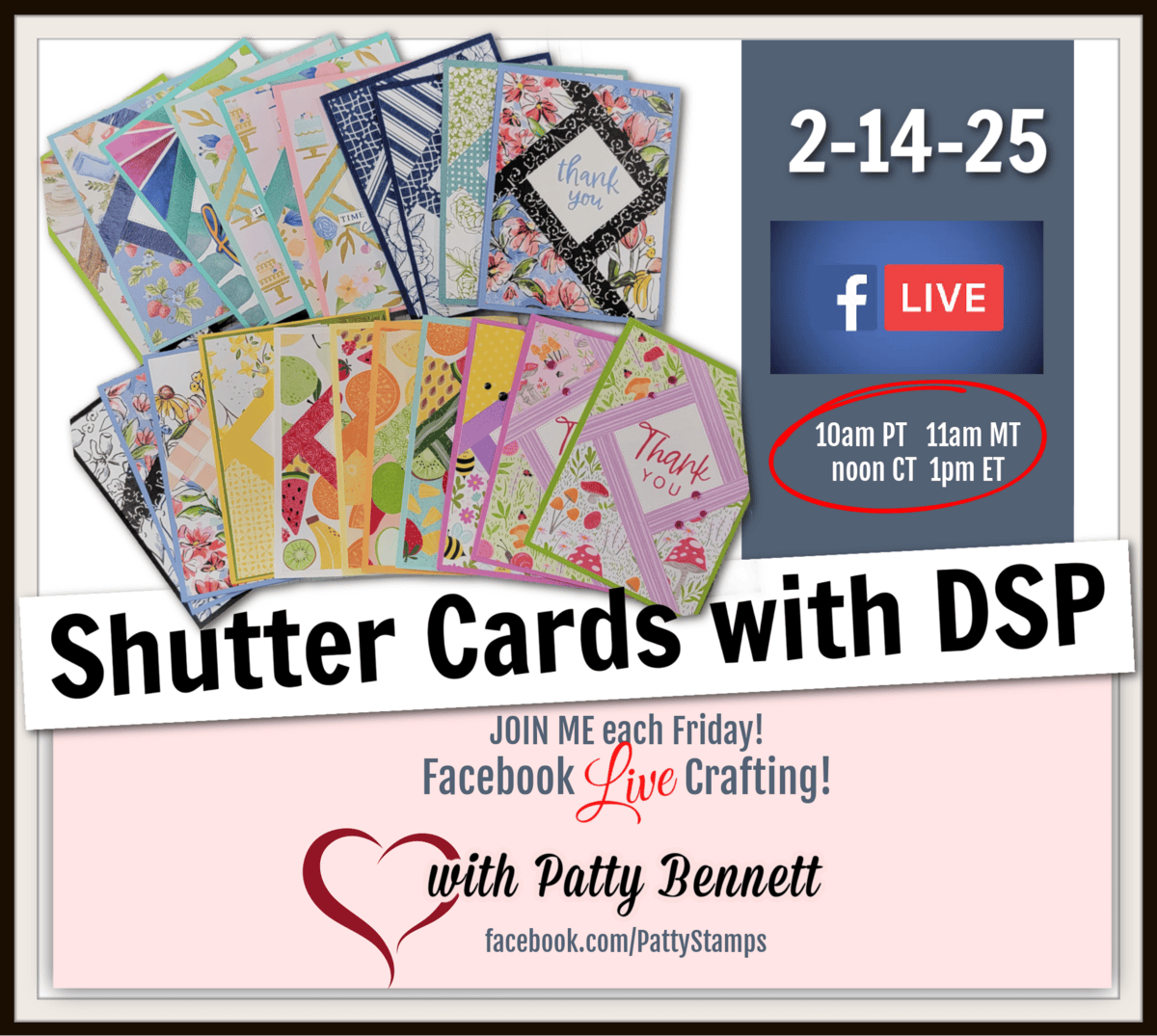 Weekly live card making video with Patty Bennett. Easy way to make shutter cards with Stampin' UP! designer paper.