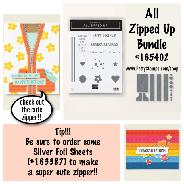 Stampin' Up! All Zipped Up bundle. Get Silver Foil to make the cute zipper die cut! 165402 www.pattystamps.com/shop
