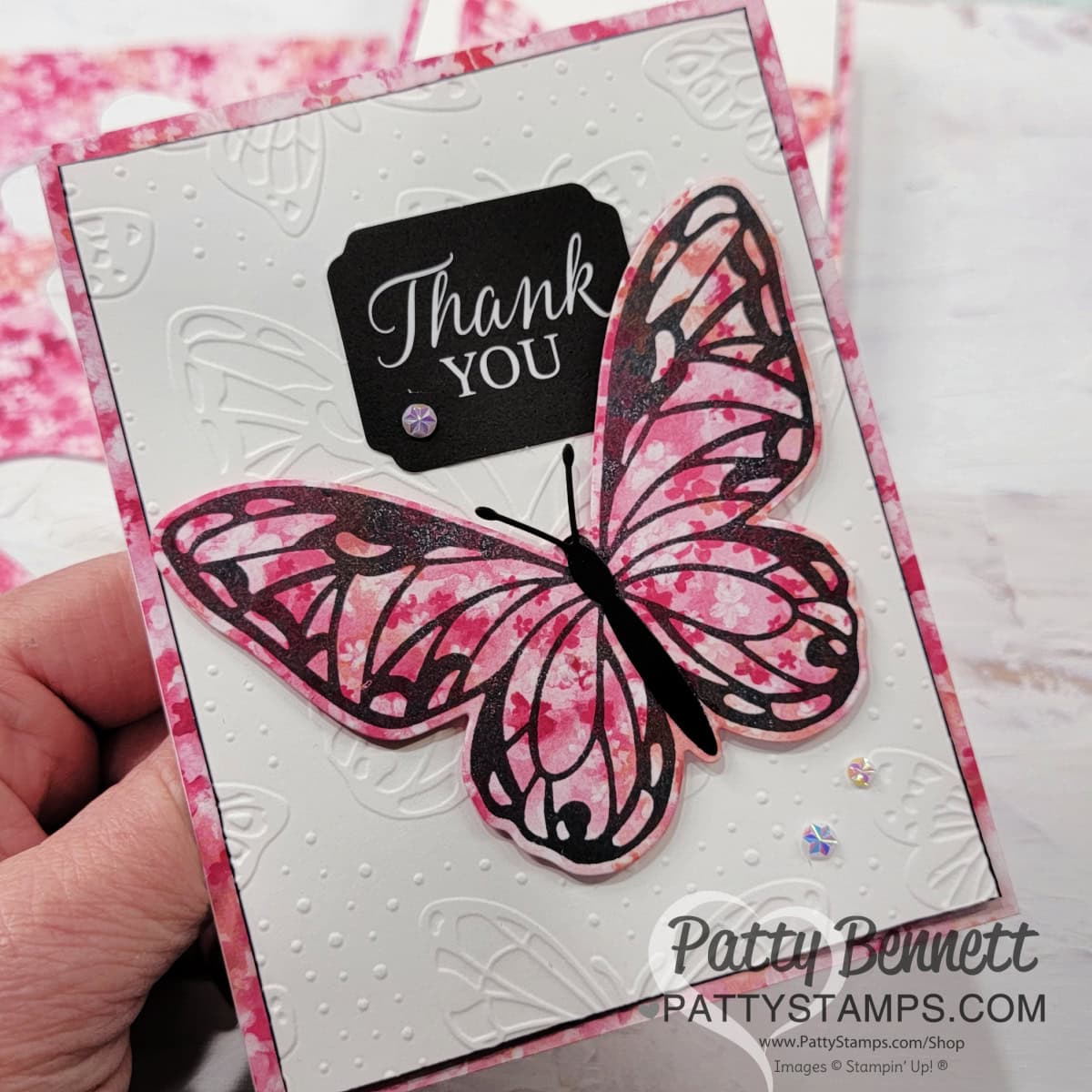 Stampin' UP! Beautiful butterflies cards featuring Sale-a-Bration 2025 Bloom Impressions patterned paper, by Patty Bennett