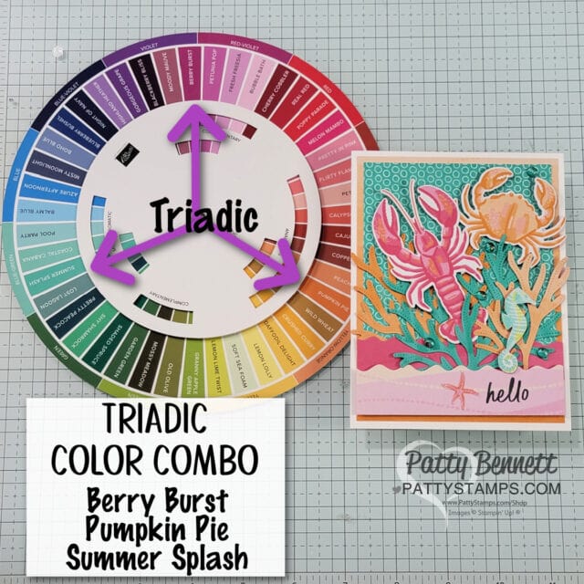 Triadic color combo for my Friends of the Ocean card featuring Stampin' Up! Color Coach Wheel, by Patty Bennett
