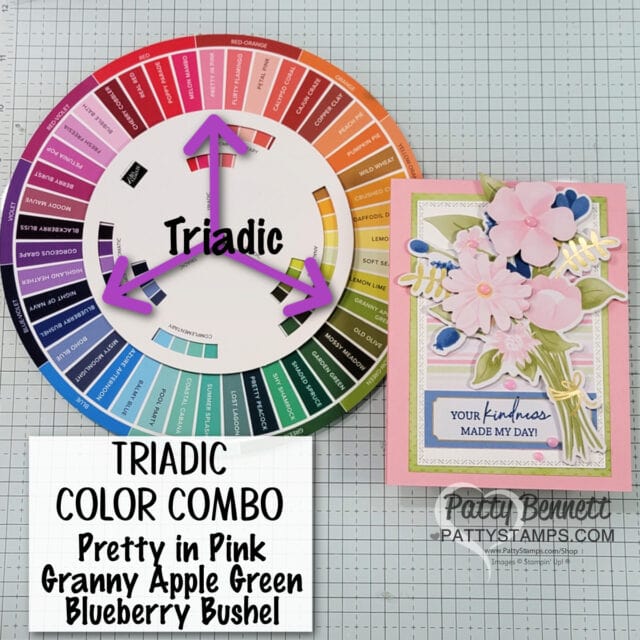 Triadic color combo for my Wildflower Birthday card featuring Stampin' Up! Color Coach Wheel, by Patty Bennett