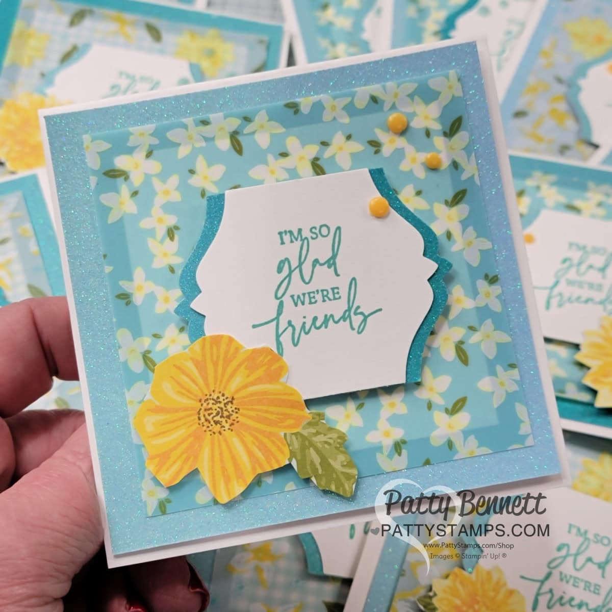Floral & Gingham vellum square card idea with Stampin' Up! Ombre Glimmer paper by Patty Bennett