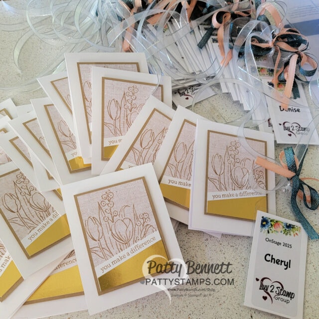 Stampin' Up! OnStage 2025, Raleigh NC, Luv 2 Stamp group gifts, cards and bag tags from Patty Bennett. Cards featuring Mixed Florals stamp set.
