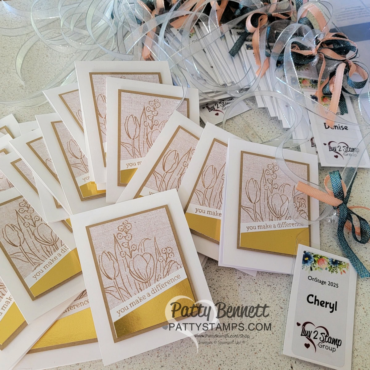 Stampin' Up! OnStage 2025, Raleigh NC, Luv 2 Stamp group gifts, cards and bag tags from Patty Bennett. Cards featuring Mixed Florals stamp set.