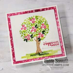 Sale-a-Bration square card featuring Pick a Season stamp set and Bloom Impressions designer paper by Patty Bennett