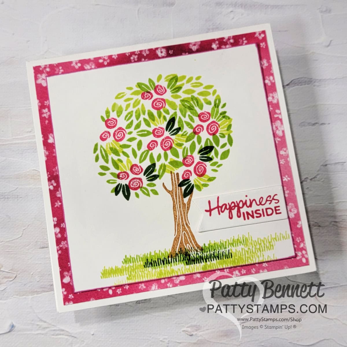 Sale-a-Bration square card featuring Pick a Season stamp set and Bloom Impressions designer paper by Patty Bennett