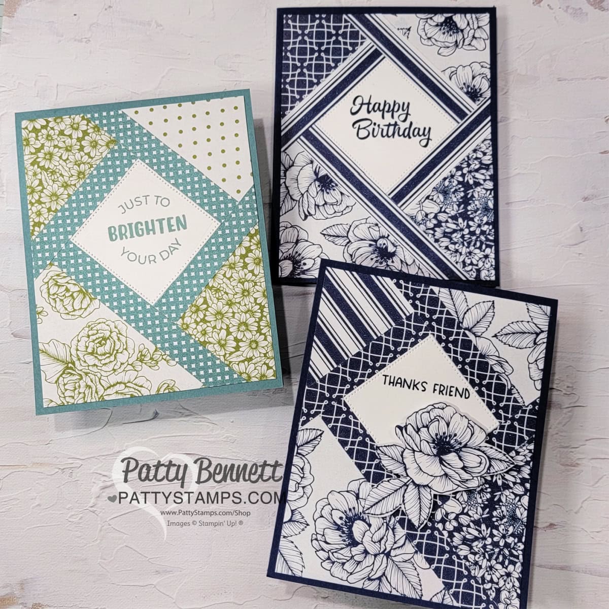 Shutter cards made with Serene Love designer patterned paper from Stampin' Up! by Patty Bennett