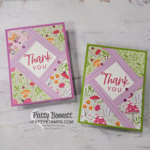 Sale-a-Bration Toadstool Gardens patterned paper shutter card ideas by Patty Bennett