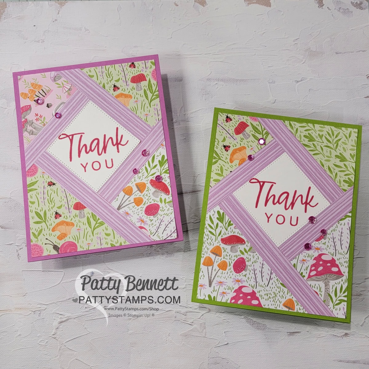 Sale-a-Bration Toadstool Gardens patterned paper shutter card ideas by Patty Bennett