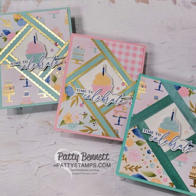 Wildflower Birthday shutter card samples featuring Stampin' Up! patterned paper by Patty Bennett