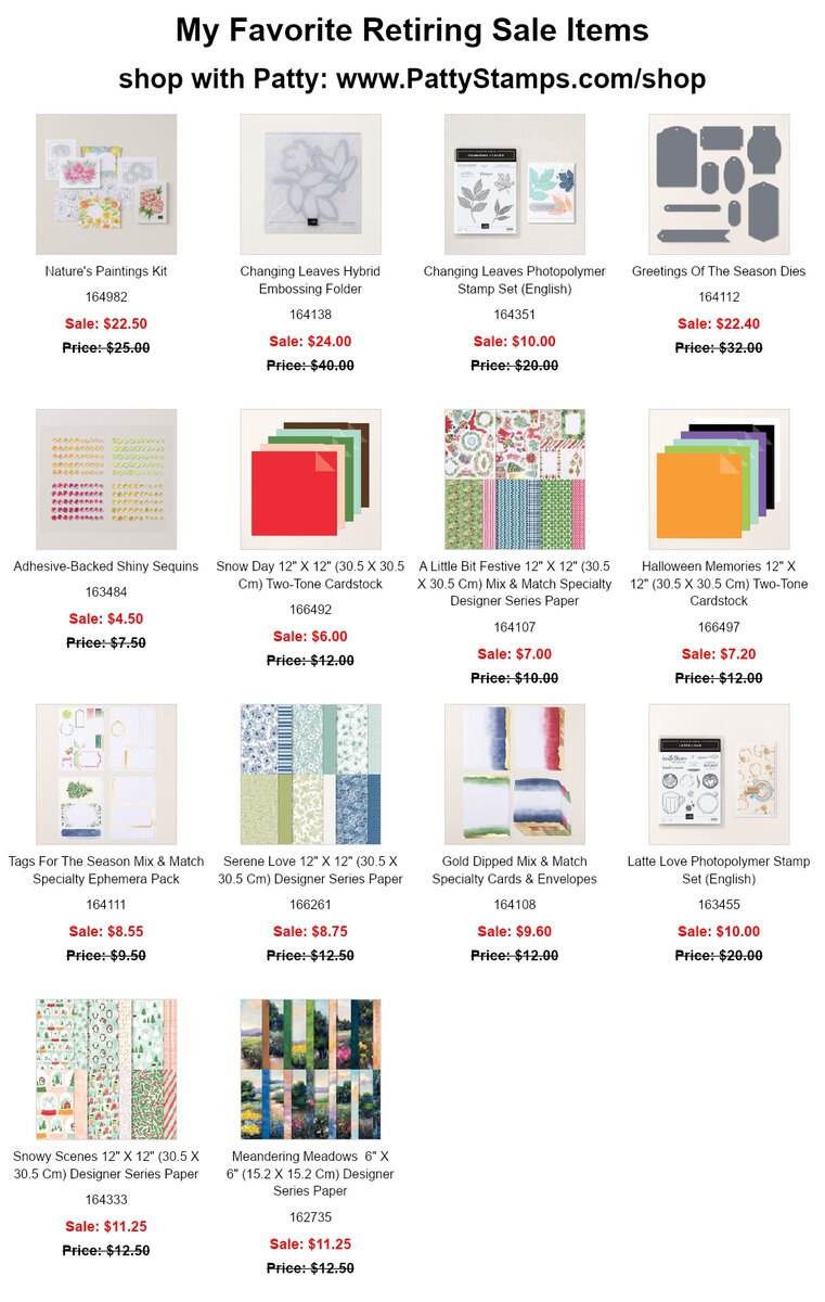 Stampin UP! Clearance Rack Last chance list sale shop with Patty Bennett