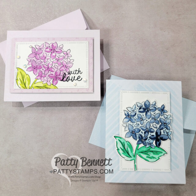 Lovely Garden hydrangea card with Stampin' Up! ink and blending brushes. Handmade card and video tutorial by Patty Bennett