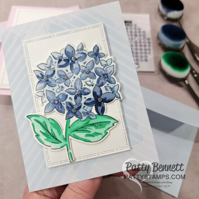Lovely Garden hydrangea card with Stampin' Up! ink and blending brushes. Handmade card and video tutorial by Patty Bennett