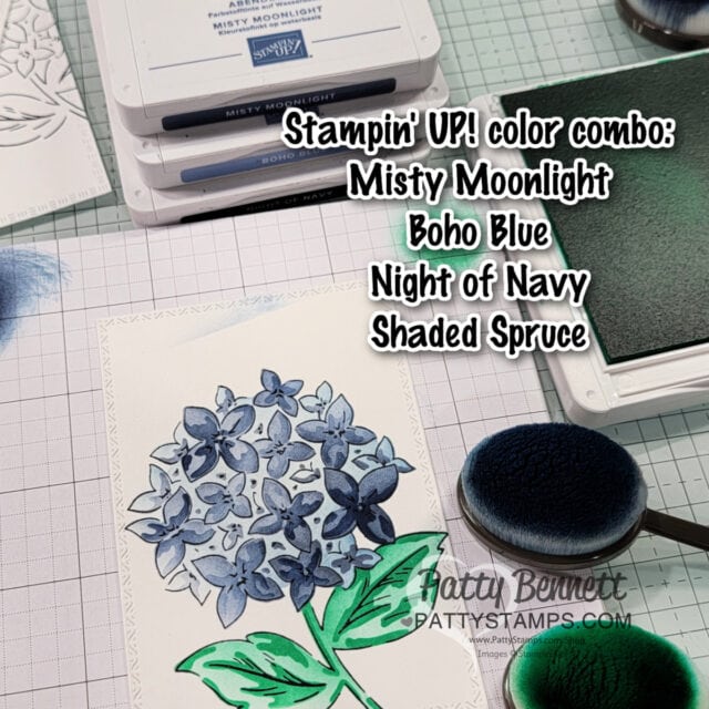 Color Combo for Lovely Garden hydrangea card with Stampin' Up! ink and blending brushes. Handmade card and video tutorial by Patty Bennett