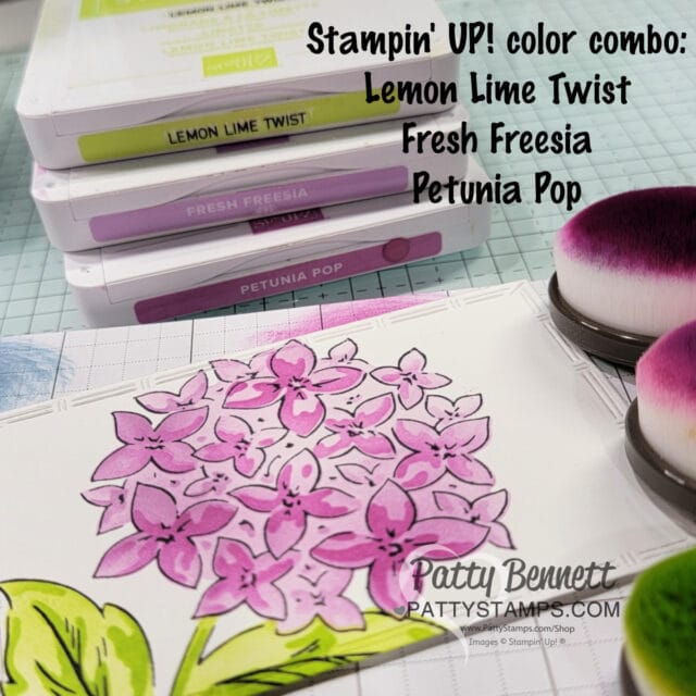 Color Combo for Lovely Garden hydrangea card with Stampin' Up! ink and blending brushes. Handmade card and video tutorial by Patty Bennett