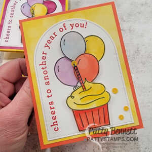 Use the Beautiful Bokeh paper for stamping balloons from the Arches Wishes Stampin' Up! set, combined with Everyday Arches dies. Card by Patty Bennett