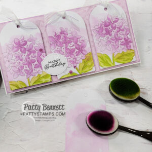 Washes & Florals tags ephemera pack with Stampin' Up! Thankful Garden slimline hydrangea card by Patty Bennett