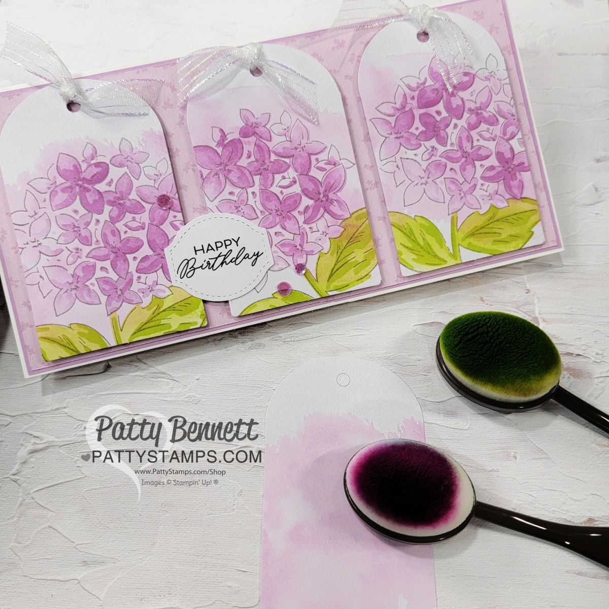 Washes & Florals tags ephemera pack with Stampin' Up! Thankful Garden slimline hydrangea card by Patty Bennett