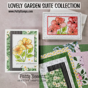 Lovely Garden Suite from Stampin' Up! - combine with Blending Brushes and ink to color the flowers with the masks / stencils. Flower card by Patty Bennett