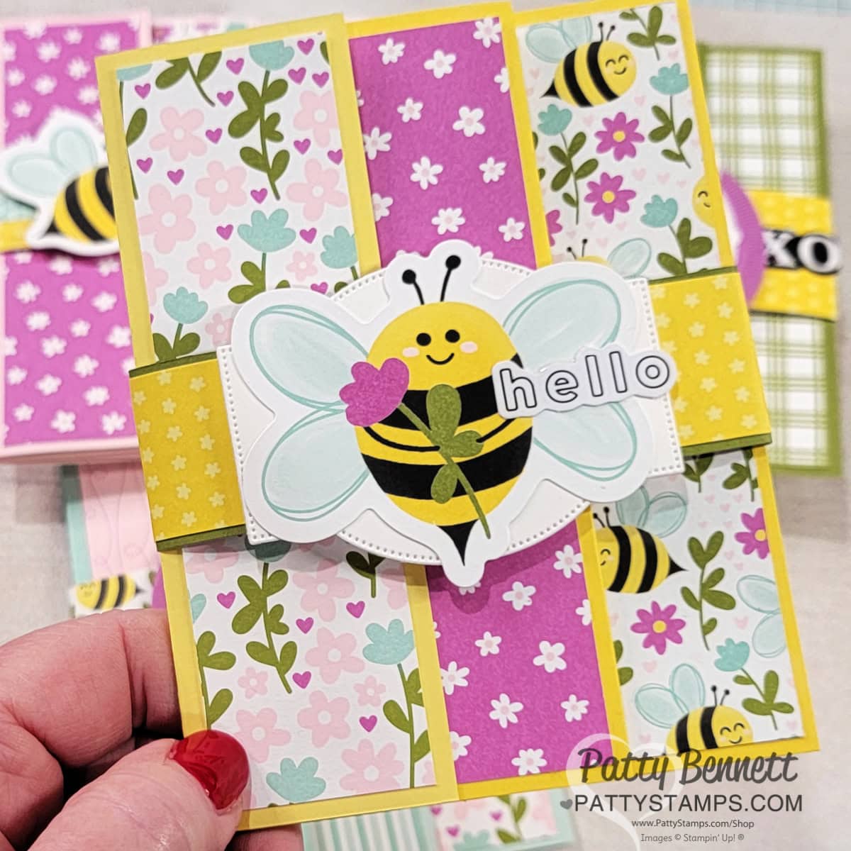 Stampin' Up! Happy Spring fun fold card featuring Meant to Bee papercrafting scrapbooking kit supplies, bee sticker and Belly Band, by Patty Bennett