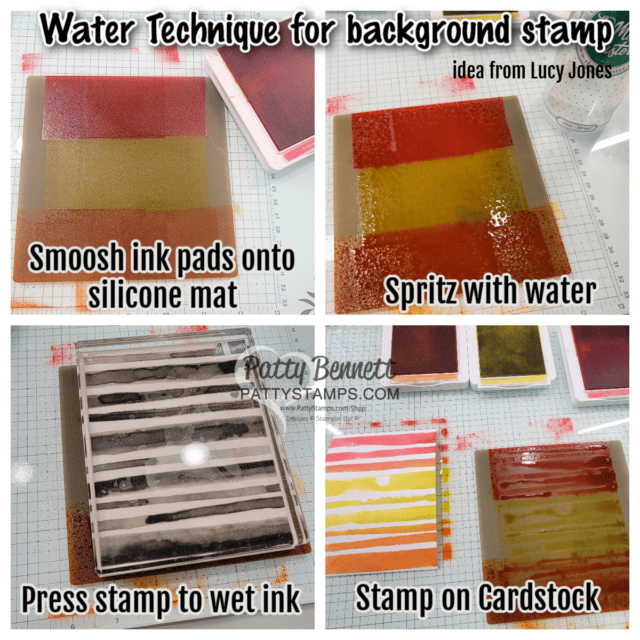 Water spritzing technique with silicone mat and Painted Stripes background stamp from Stampin' UP! for handmade cards. 