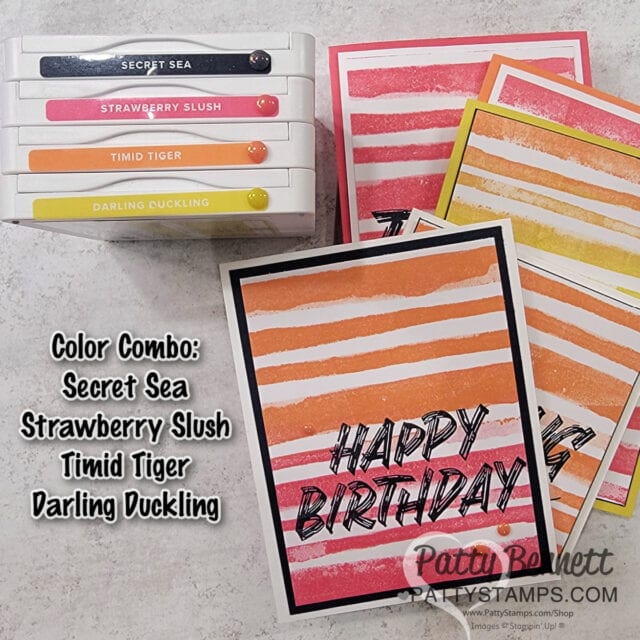 Color Combo for Painted Striped background stamp card with new Stampin' UP! Layered Thoughts stamp set and new In Color ink. Handmade card by Patty Bennett