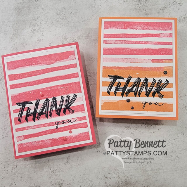 Painted Striped background stamp card with new Stampin' UP! Layered Thoughts stamp set and new In Color ink. Handmade card by Patty Bennett