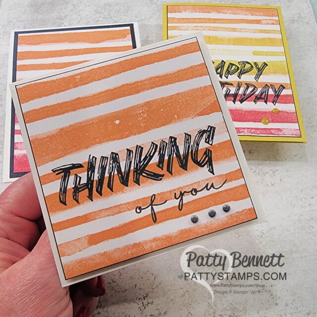 Painted Striped background stamp card with new Stampin' UP! Layered Thoughts stamp set and new In Color ink. Handmade card by Patty Bennett