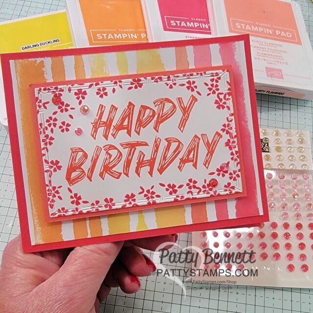Water and Silicone mat technique with Painted Striped background stamp card with new Stampin' UP! Layered Thoughts stamp set and new In Color ink. Handmade card by Patty Bennett
