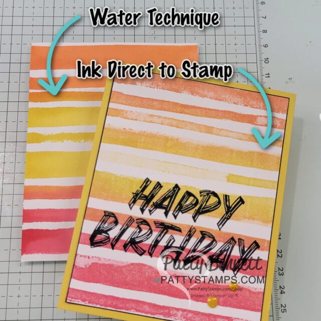 Look at the difference between using the water and silicone mat technique vs using ink direct to rubber on the Painted Stripes background stamp!