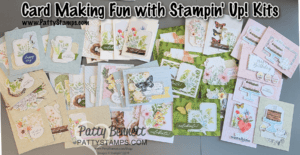 The 37 cards I made with Papercrafting supplies featuring Stampin' Up! February 2025 Paper Pumpkin kit, Heirloom Arrangements kit and some pieces of ephemera. Cards by Patty Bennett