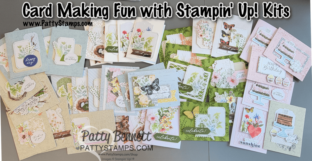 The 37 cards I made with Papercrafting supplies featuring Stampin' Up! February 2025 Paper Pumpkin kit, Heirloom Arrangements kit and some pieces of ephemera. Cards by Patty Bennett