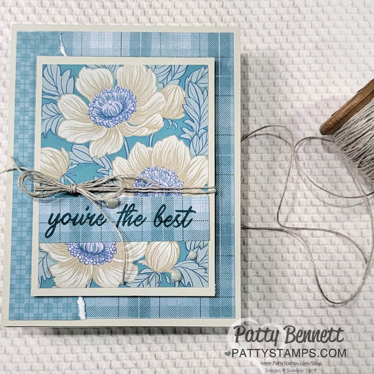 Easy handmade cards featuring Timeless Plaid patterned paper background and Remember the Moment Memories & More floral print card by Patty Bennett. Linen Thread accent.