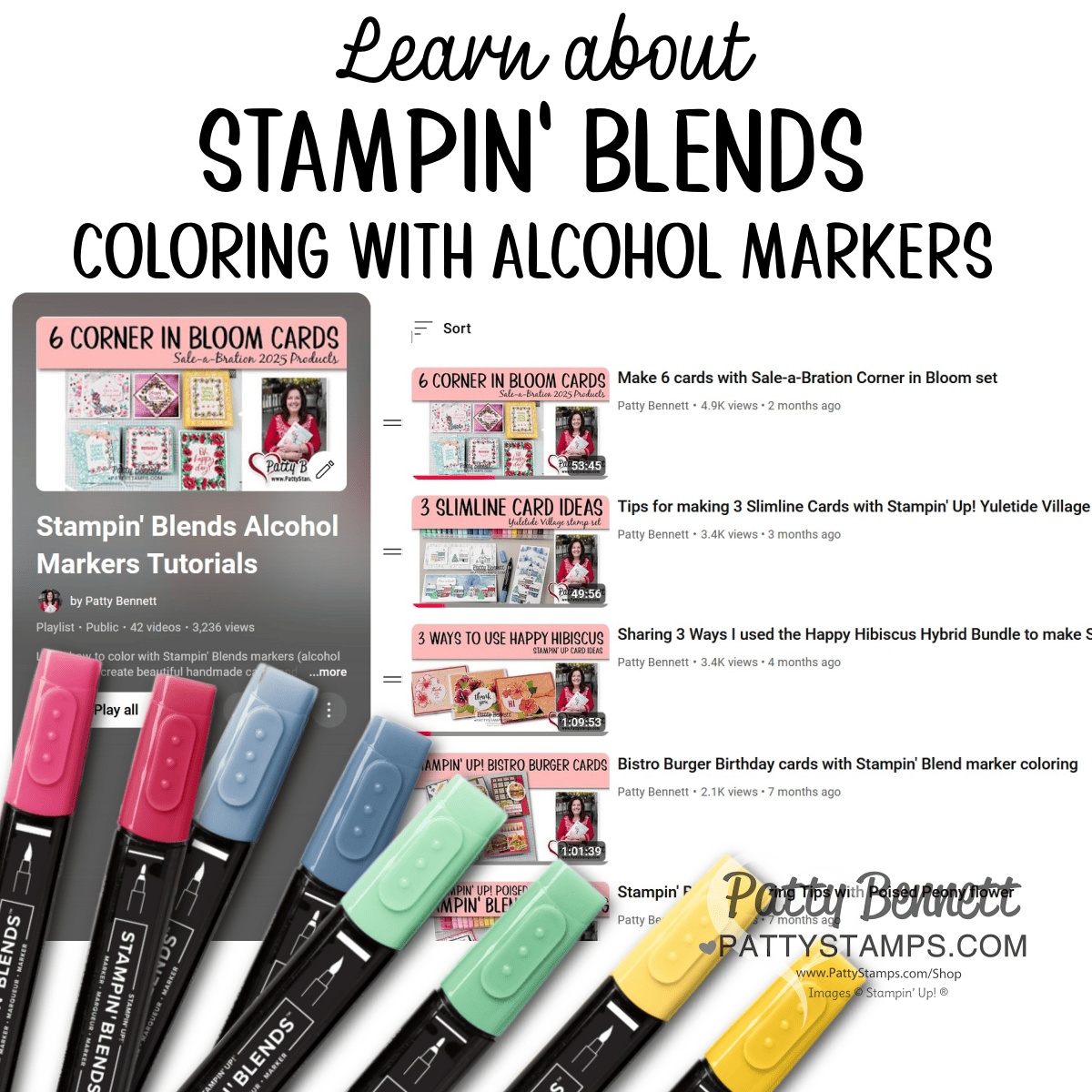 Patty's YouTube playlist for how to use Stampin' Blends Alcohol markers to make cards and handmade papercrafting projects come alive with color.