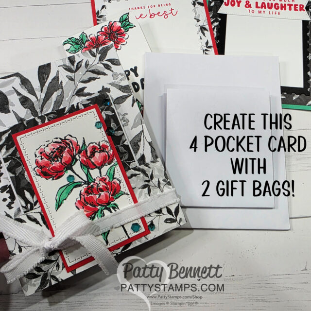A handmade card with a floral design, a white ribbon, and a stitched border is held in hand. Behind it are more greeting cards and two paper gift bags. Text reads: "CREATE THIS 4 POCKET CARD WITH 2 GIFT BAGS! Patty Bennett PATTYSTAMPS.com. To read more, visit Patty Stamps (pattystamps.com)
