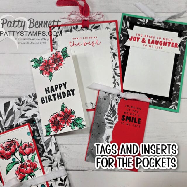 A collection of floral-themed, handmade greeting cards with black, white, red, and green designs. Each features decorative tags and inserts with messages like "Happy Birthday" and "You bring so much joy & laughter." Text reads: “TAGS AND INSERTS FOR THE POCKETS.”. To read more, visit Patty Stamps (pattystamps.com)