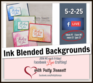Four handmade cards with "Thinking of You" in elegant script sit on a table, each featuring colorful ink-blended backgrounds and tree designs. Event info: "Ink Blended Backgrounds", 5-2-25, Facebook Live, times listed, with Patty Bennett. To read more, visit Patty Stamps (pattystamps.com)