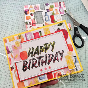 Stampin Up! Celebratory Sips patterned paper card idea with Layered Thoughts greetings by Patty Bennett