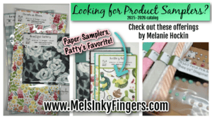 Image features various floral and nature-themed paper samplers in plastic sleeves, labeled with names, alongside crafting embellishments like ribbons and gems. Green text promotes 2025-2026 catalog samplers by Melanie Hockin with a website: www.MelsInkyFingers.com. To read more, visit Patty Stamps (pattystamps.com)