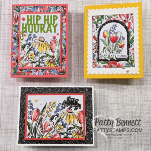 Three floral-themed greeting cards on a wooden surface. Top left card says "Hip Hip Hooray" with colorful flowers. Top right card, in yellow, says "Heartfelt Thanks" with an arched floral design. Bottom card says "You Are Amazing" with tulips. Patty Bennett branding is on the bottom right. To read more, visit Patty Stamps (pattystamps.com)