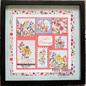 A framed collage featuring various floral illustrations and patterns, including tulips, daisies, and other flowers. The central text reads "Easter Blessings." The design combines pastel and vibrant colors with a floral border, creating an elegant and festive appearance. To read more, visit Patty Stamps (pattystamps.com)
